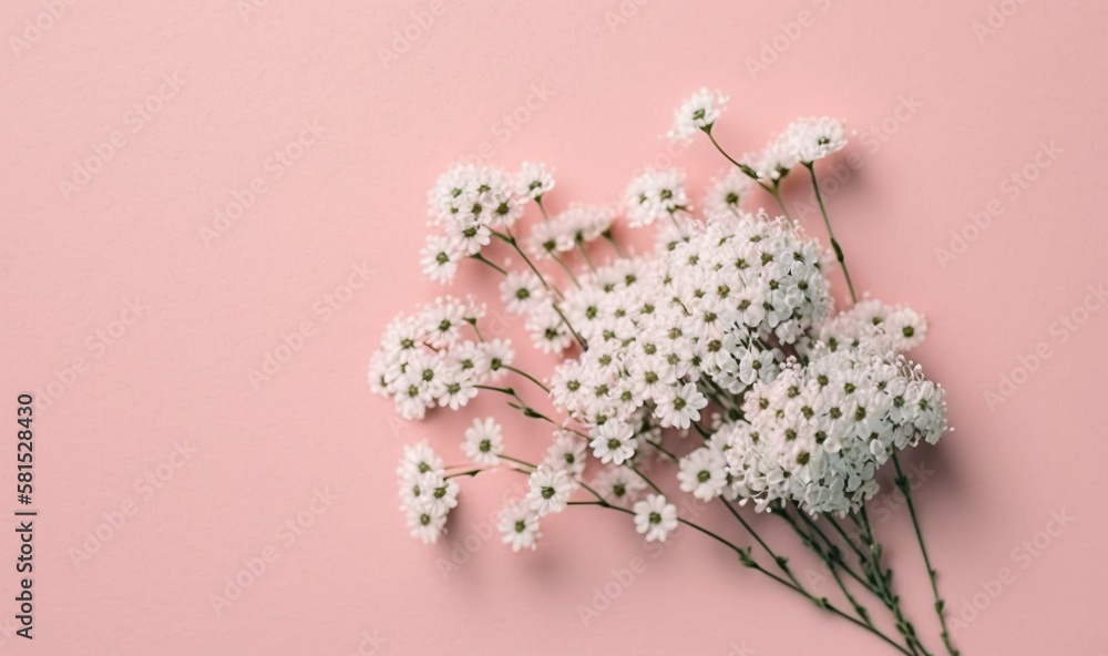  a bouquet of white flowers on a pink background with space for text or image top view, flat lay on 