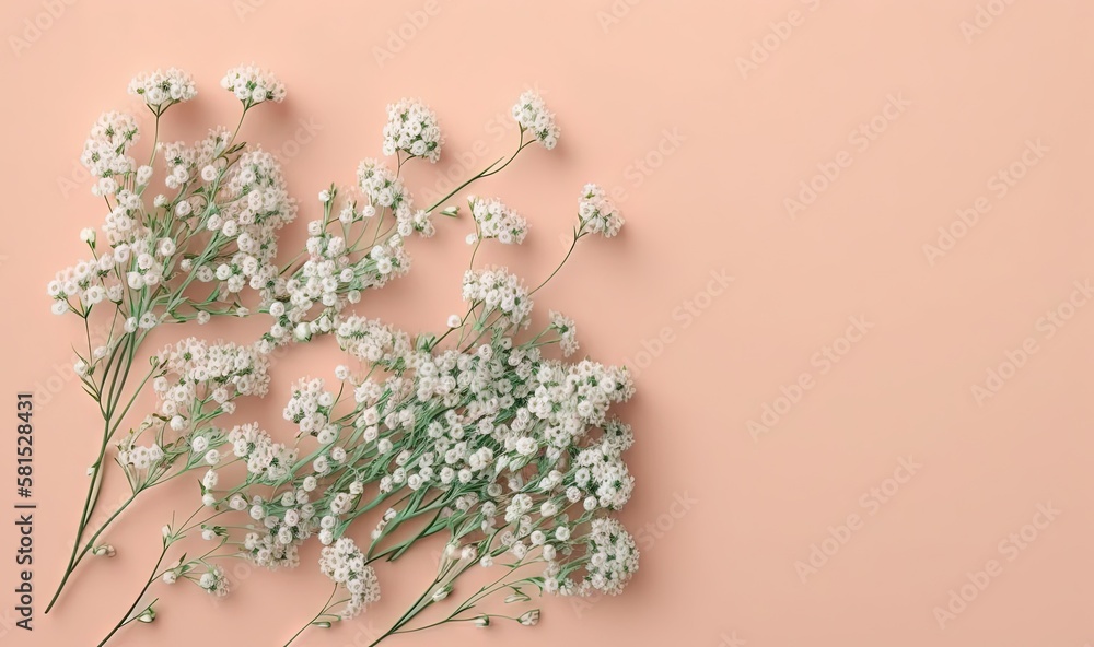  a bunch of babys breath flowers on a pink background with copy - up space in the middle of the fra