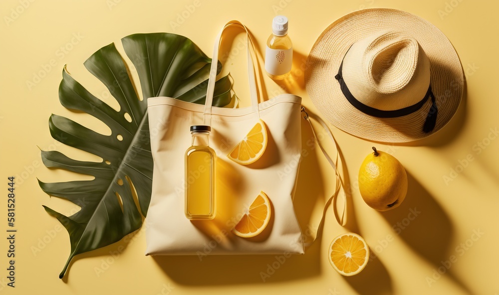  a bag with lemons, a hat, and a bottle of orange juice on a yellow background with a palm leaf and 