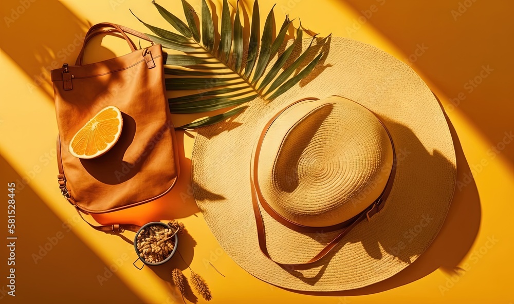  a hat, a bag, and an orange on a yellow surface with a palm leaf and a lemon slice on the side of t