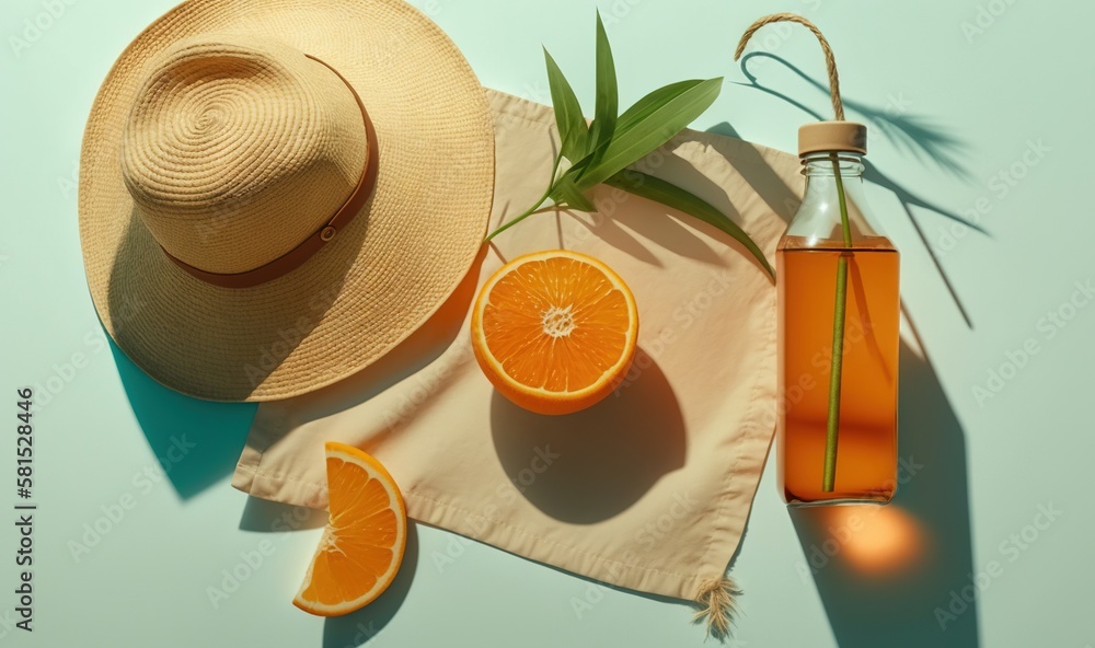  a hat, oranges, a bottle of orange juice and a straw hat on a towel on a blue background with a gre