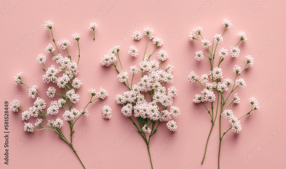  three small white flowers on a pink background with space for text or image, top view, flat lay on 