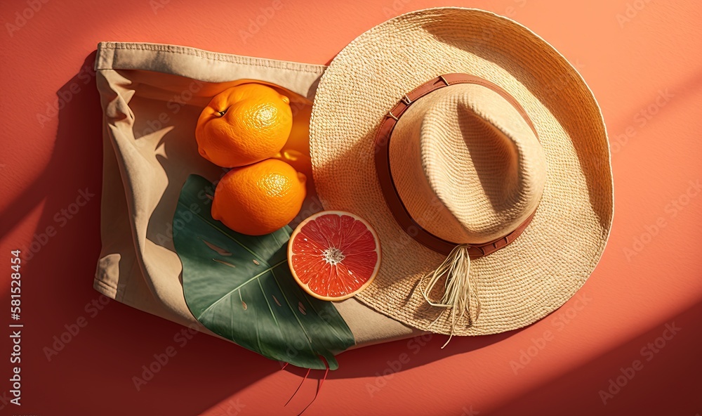  a hat, oranges, and a grapefruit are on a bag on a pink surface with a green leaf and a grapefruit.