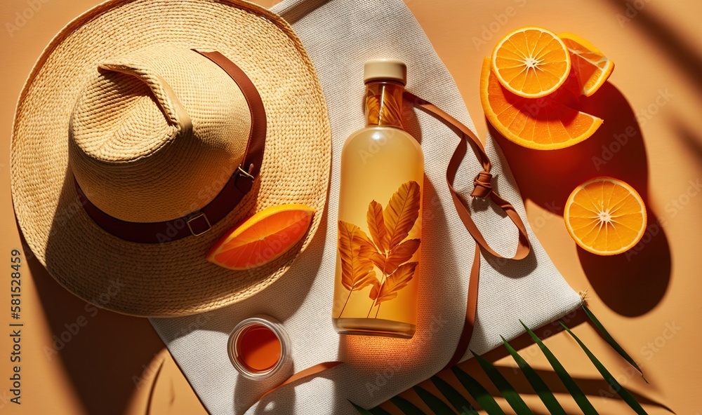  a bottle of orange juice next to a straw hat and orange slices on a tablecloth with a straw hat on 