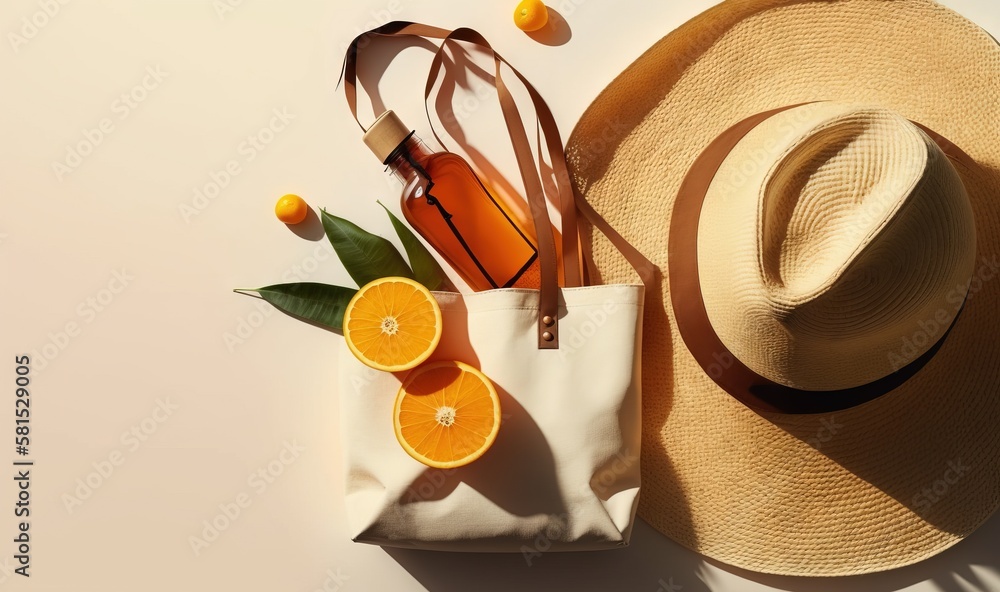  a straw hat, oranges, and a bag on a table with a straw hat on top of it and a straw bag with orang