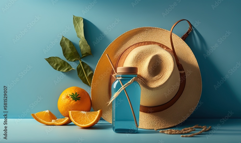  a blue bottle with a straw hat, oranges, and a straw hat on a blue background with a green leaf and