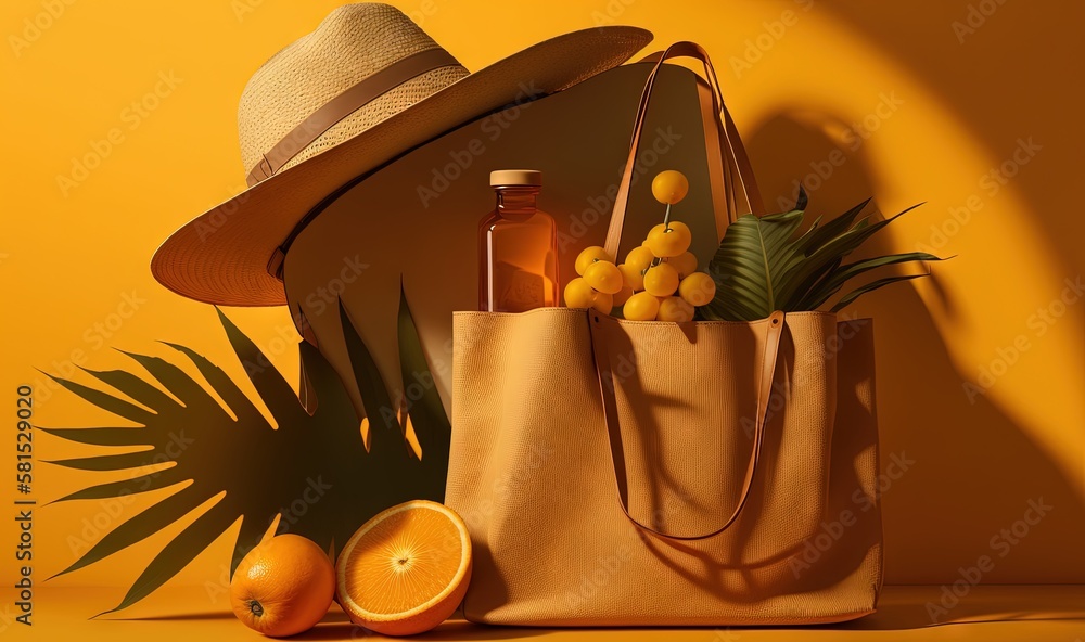  a bottle of orange juice and a straw hat on a yellow background with oranges and a palm leaf and a 