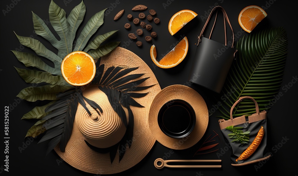  a hat, oranges, and other items are arranged on a black surface with leaves and other things to be 