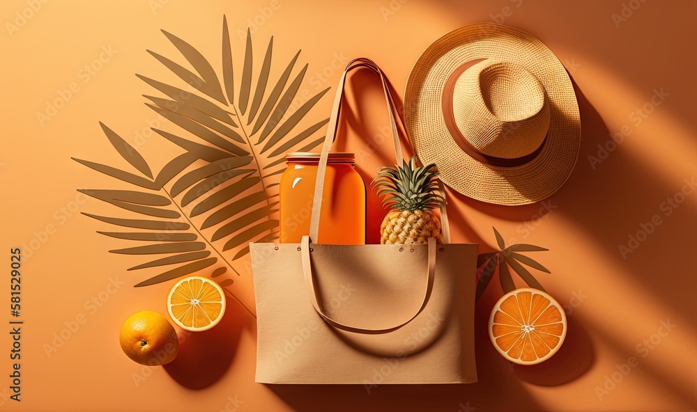  a bag with oranges, a pineapple, a pineapple, and a straw hat on a peach colored background with pa