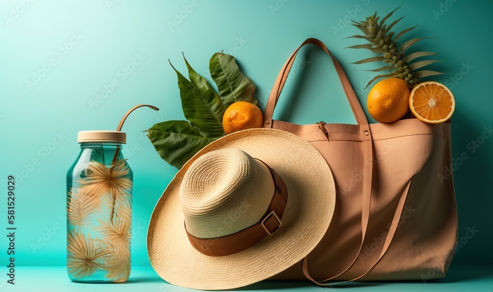  a straw hat, a straw bag, and a bottle of orange juice are on a blue background with a tropical the