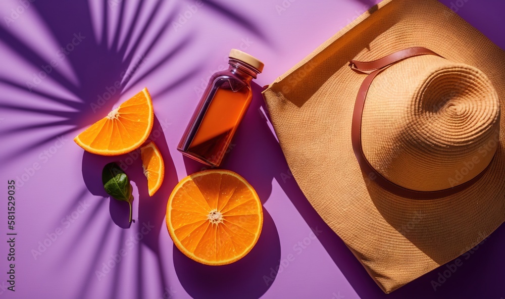  a hat, orange slices, and a bottle of essential oil on a purple background with a shadow of a hat o