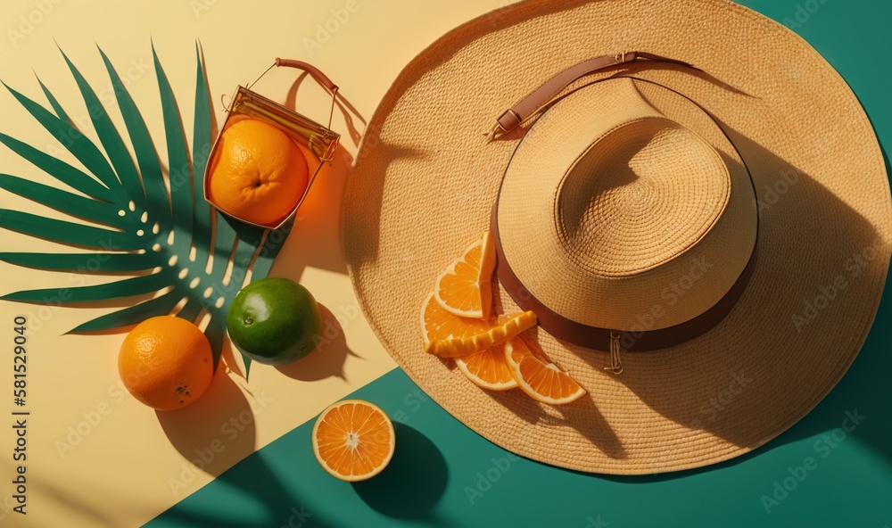  a straw hat, oranges, and a palm leaf on a blue and yellow tablecloth with a palm leaf and a bag of