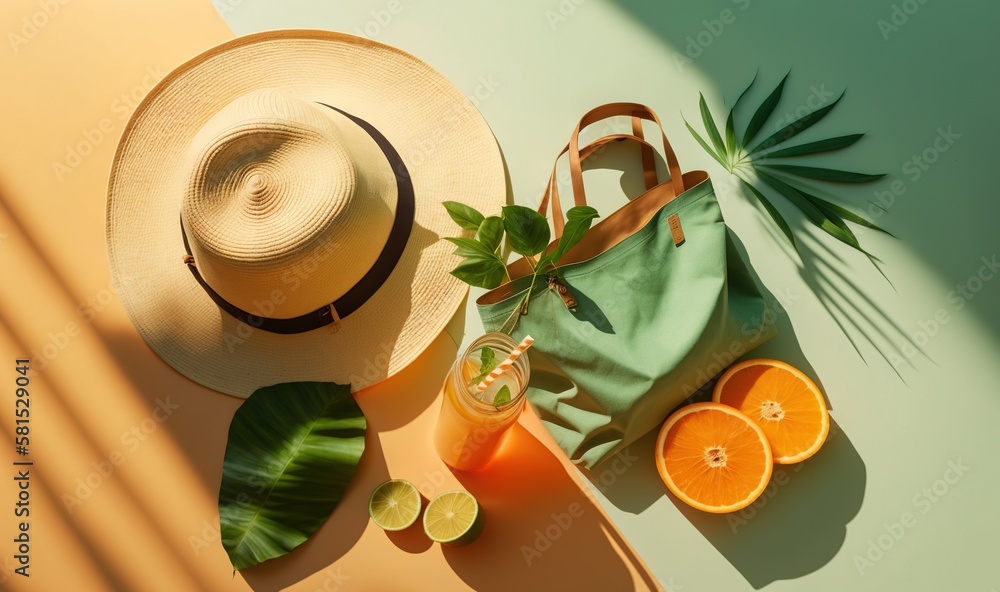  a hat, oranges, a bag, and a straw hat are on a blue and green surface with a palm leaf and oranges