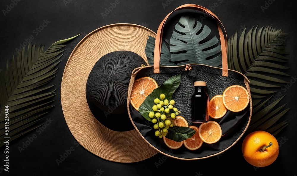  a straw hat, oranges, and a bottle of wine on a black background with palm leaves and palm fronds a