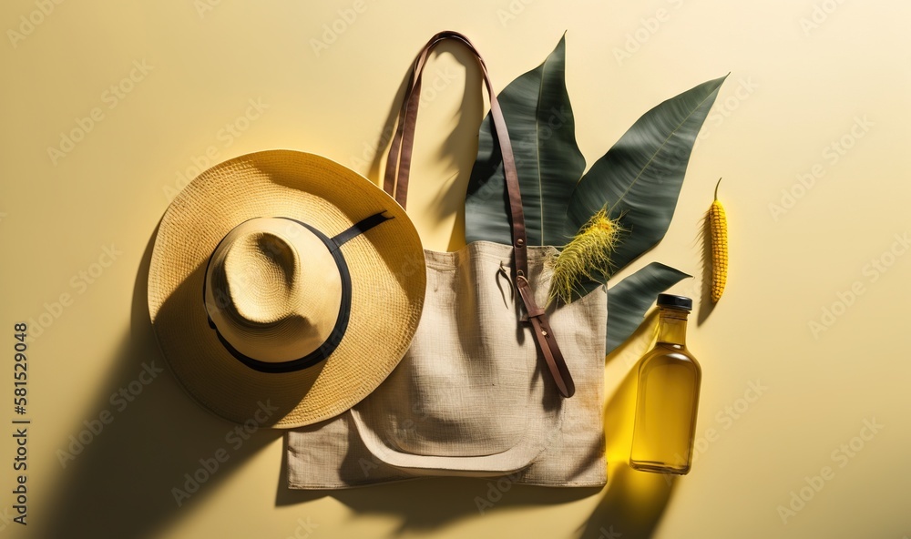  a hat, a bottle of oil, and a straw hat on a yellow background with a green leaf and a bottle of oi