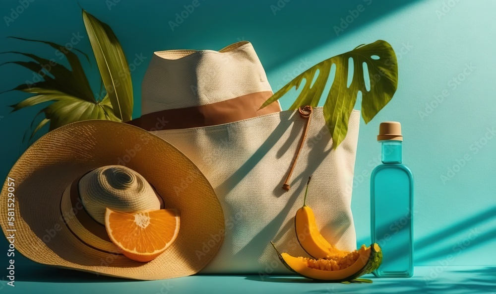  a beach bag, hat, and orange slices on a blue background with a bottle of water and a palm leaf on 