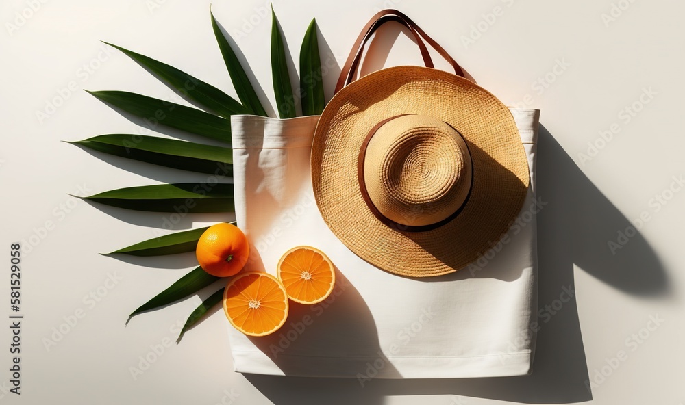  a straw hat, oranges, and palm leaves on a white surface with a bag and a pair of sunglasses on it,