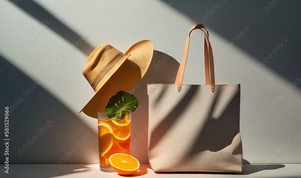  a straw hat, a bag, and an orange slice sit on a table next to a white wall with a shadow of a hat 