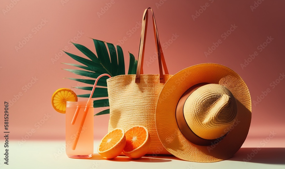  a straw hat, orange slices, and a straw bag on a pink background with a palm leaf and oranges in th