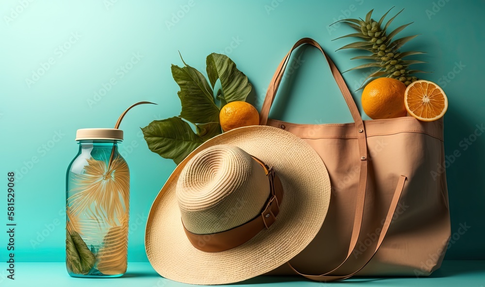  a straw hat, a straw bag, and a pineapple are on a blue background next to a bottle of oranges and 