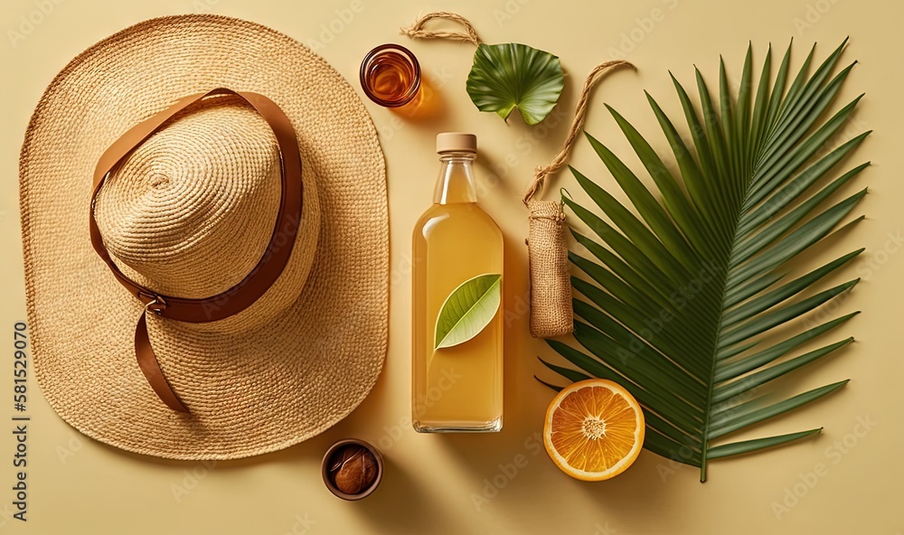  a bottle of orange juice next to a straw hat, orange slices, and a palm leaf on a yellow background