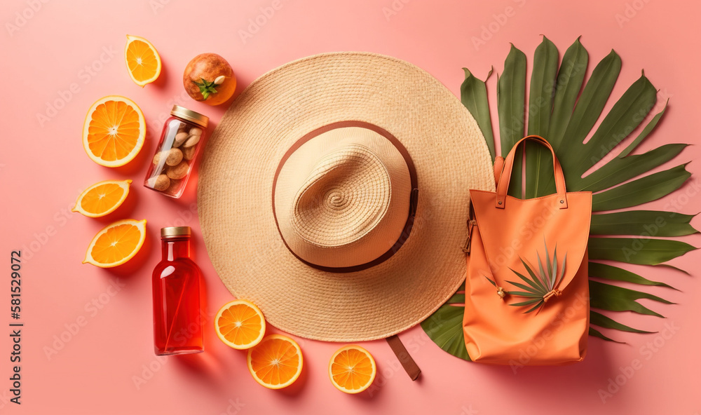  a straw hat, oranges, a bag, and a bottle of orange juice on a pink background with palm leaves and