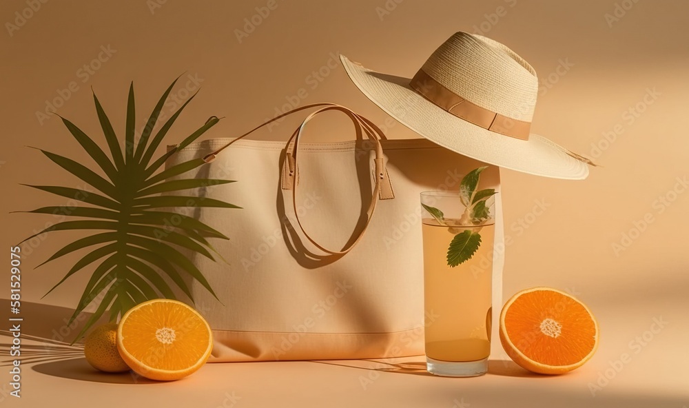  an orange slice and a straw hat next to a white bag and a palm leaf on a tan background with a gree