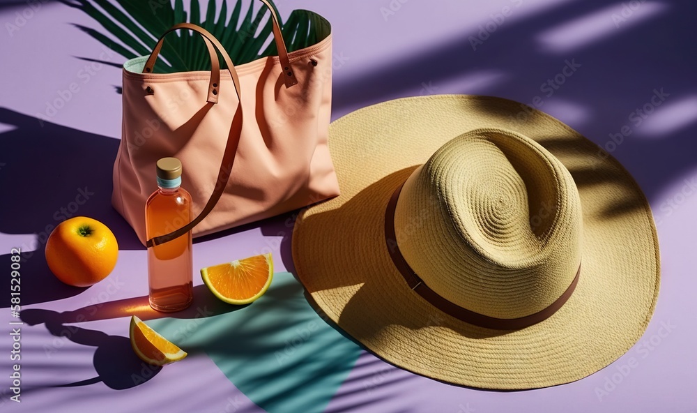  a hat, oranges, and a bag on a purple surface with a shadow of a palm tree and a bottle of orange j