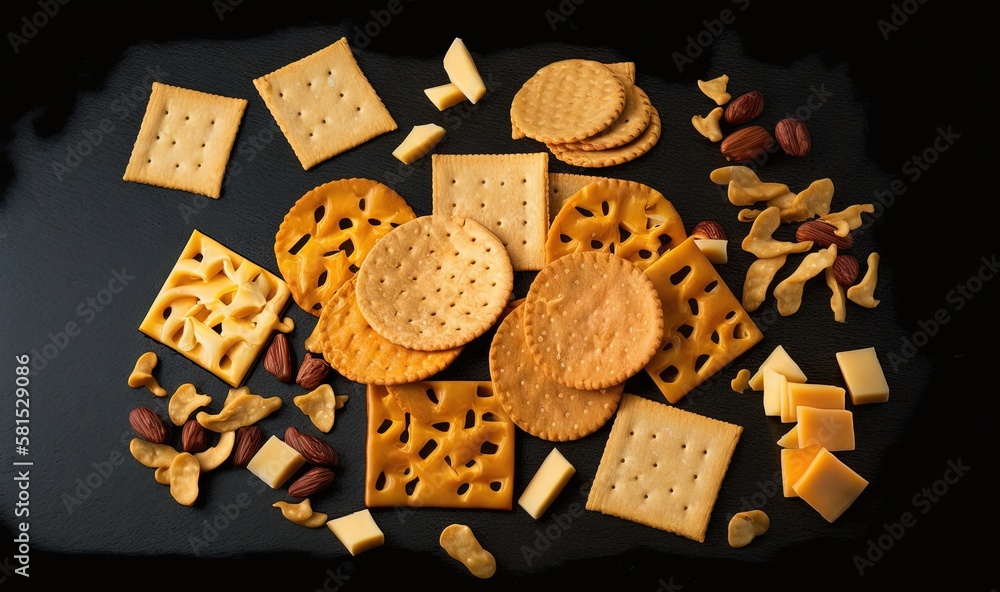  crackers, nuts, and crackers are arranged on a black surface with a black background and a black su