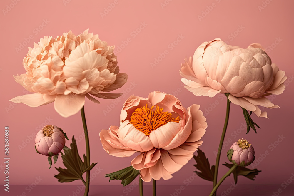 Beautiful peony flowers on pink background. Illustration AI Generative