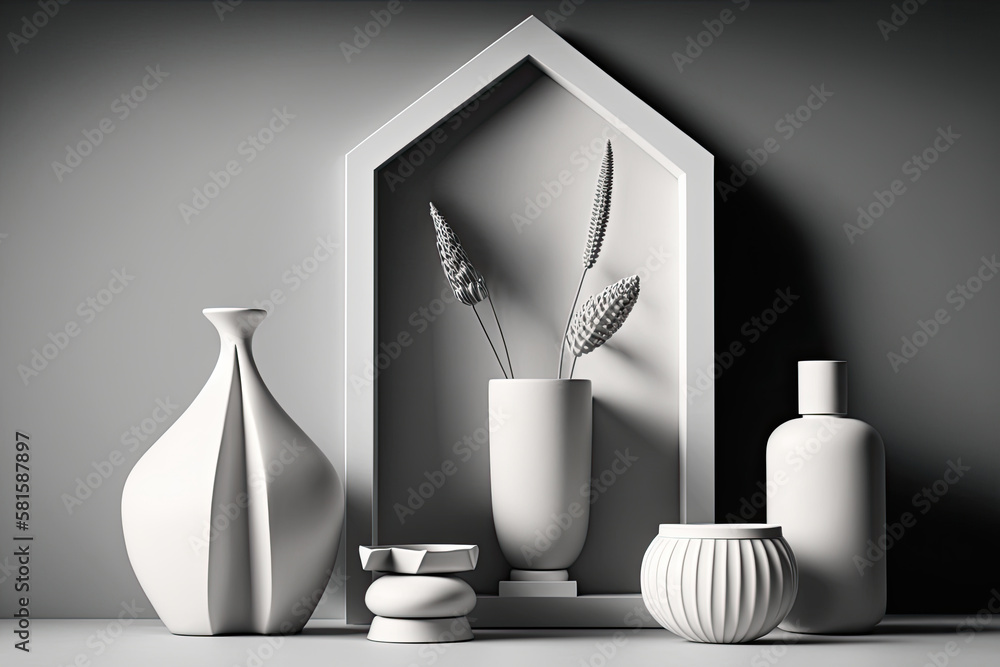 Stylish minimalistic gray composition with design vases. Illustration AI Generative