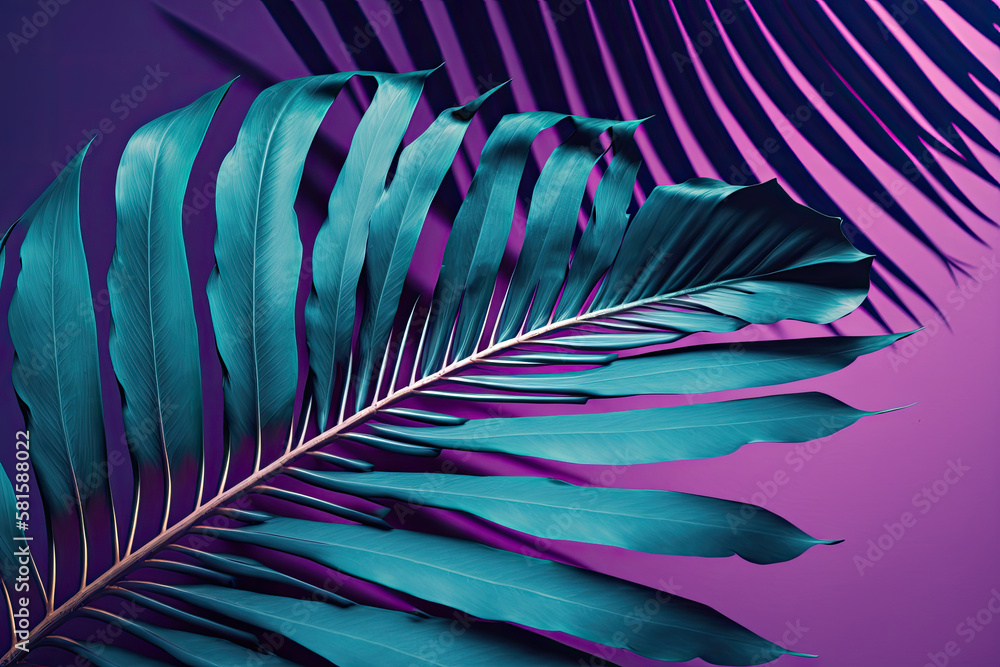 A large fresh palm leaf on a duotone purple-violet-blue. Illustration AI Generative