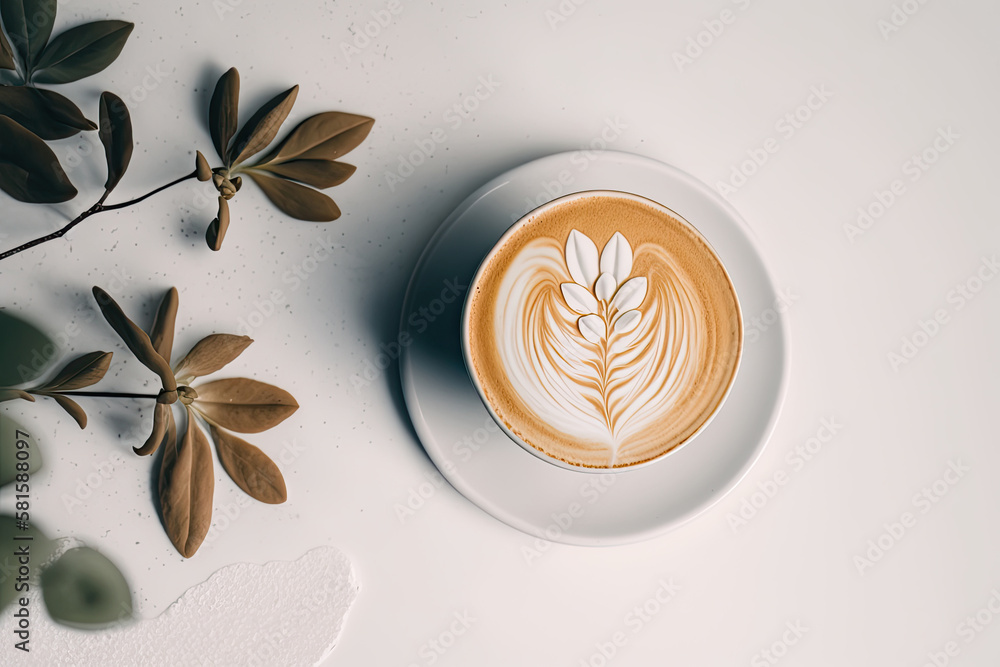 Flat white coffee flower latte art on white table. Illustration AI Generative