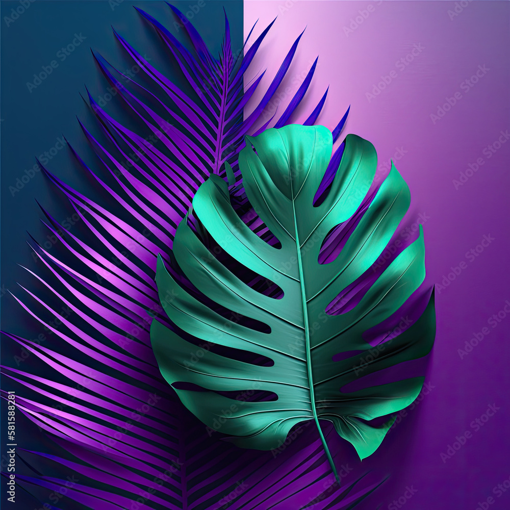 A large fresh palm leaf on a duotone purple-violet-blue. Illustration AI Generative