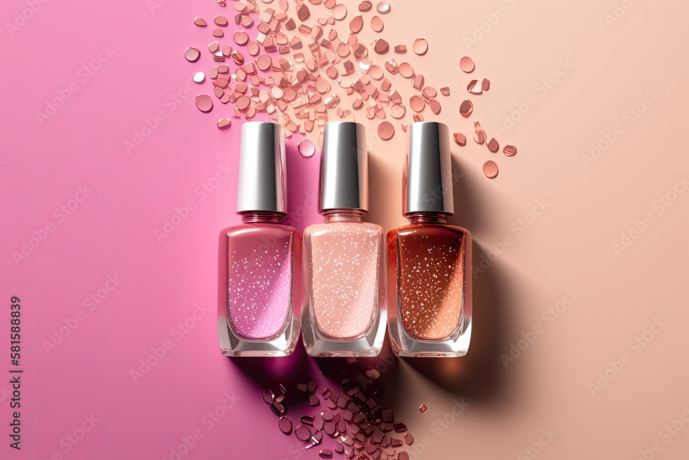 Trendy design template with nail polish glass bottles. Illustration AI Generative