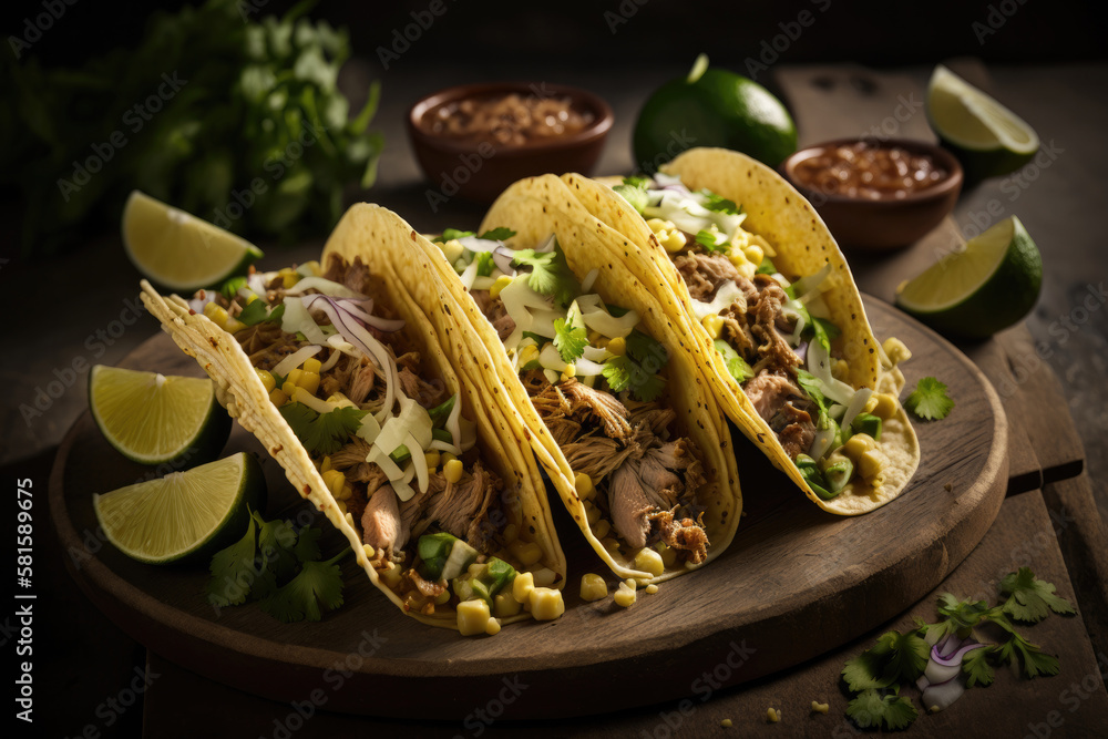 three pork carnitas street tacos in yellow corn tortilla. Illustration AI Generative