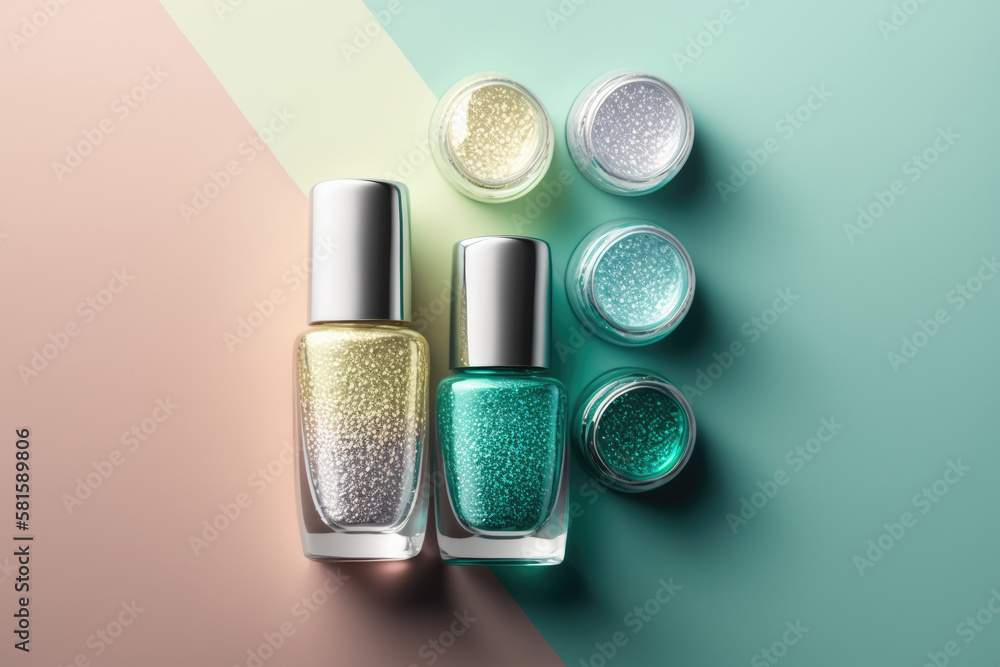 Trendy design template with nail polish glass bottles. Illustration AI Generative