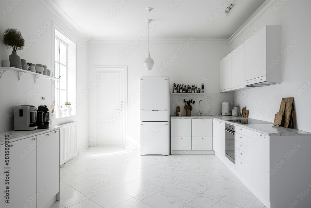 The interior of a minimalist kitchen with white walls. Illustration AI Generative