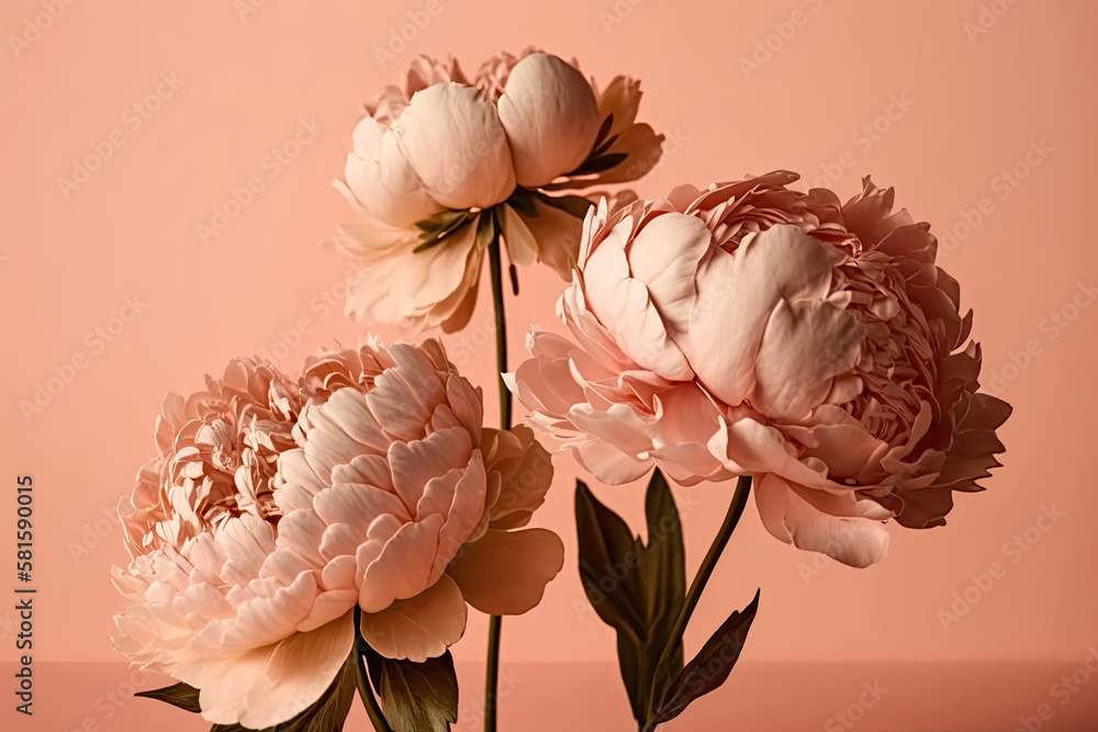 Beautiful peony flowers on pink background. Illustration AI Generative