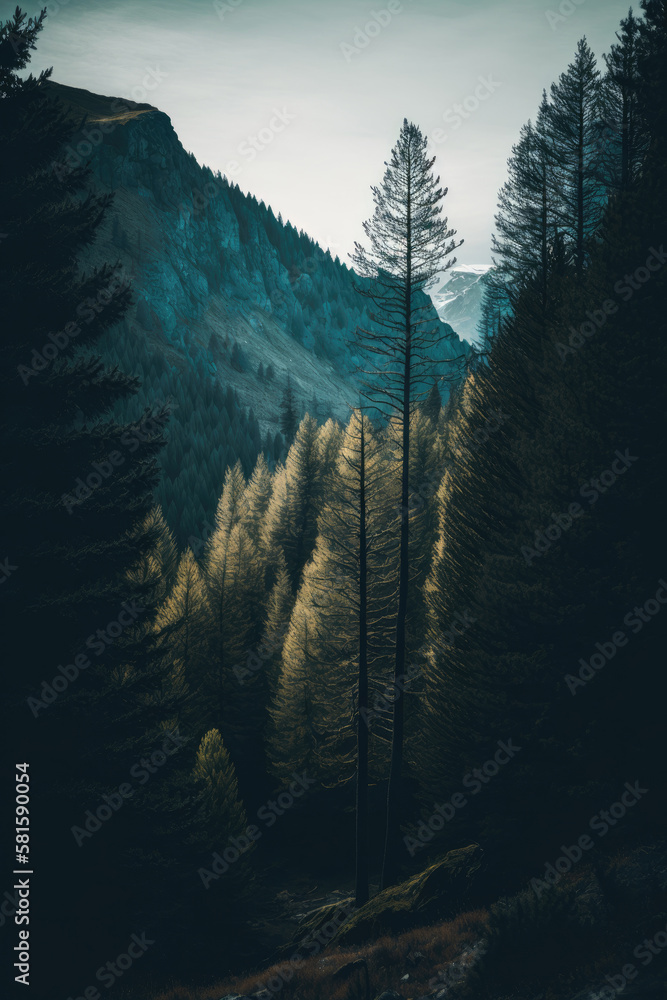 tylised vertical panorama of forest in the French Alps. Illustration AI Generative