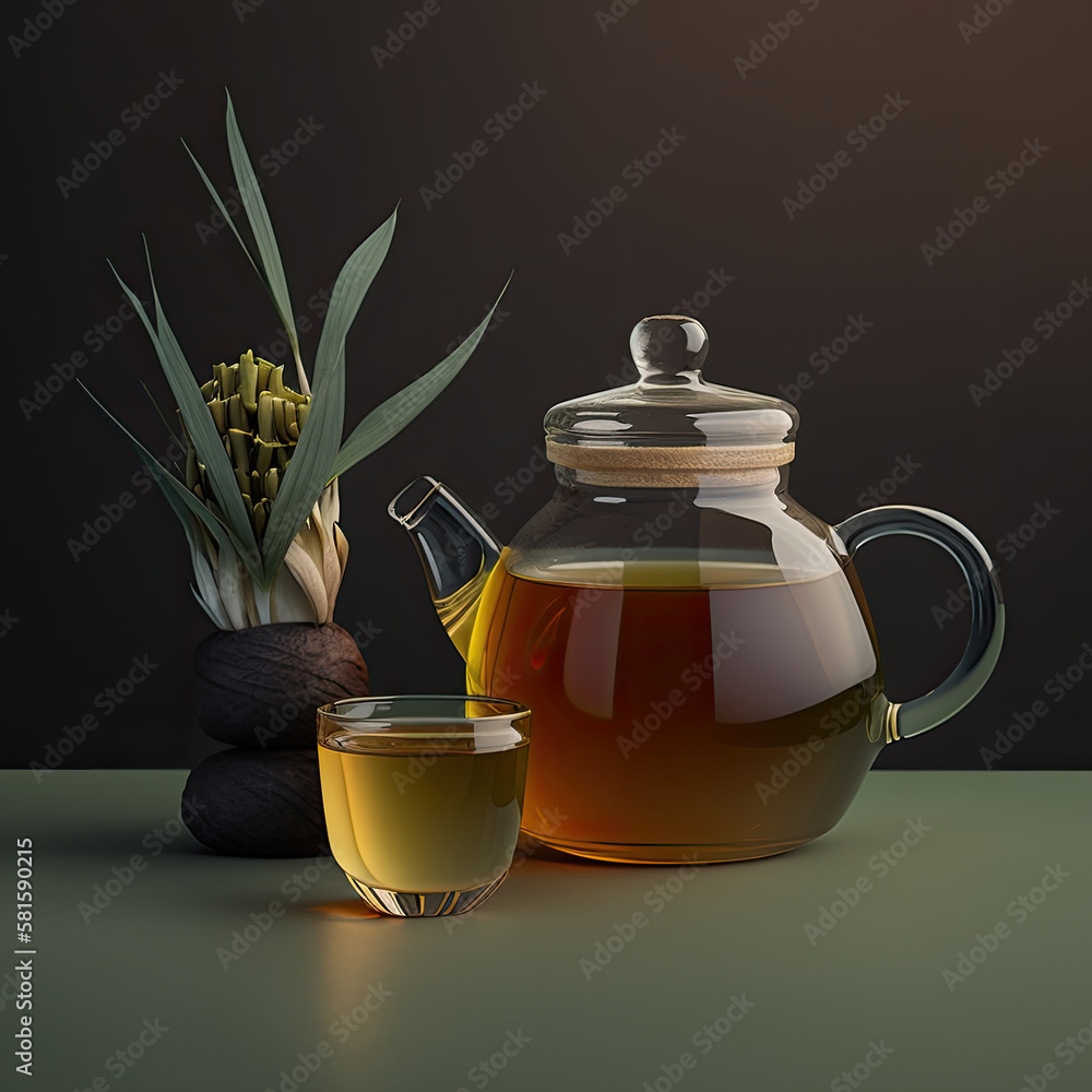 Glass teapot and cup containing lemongrass and ginger tea. Illustration AI Generative