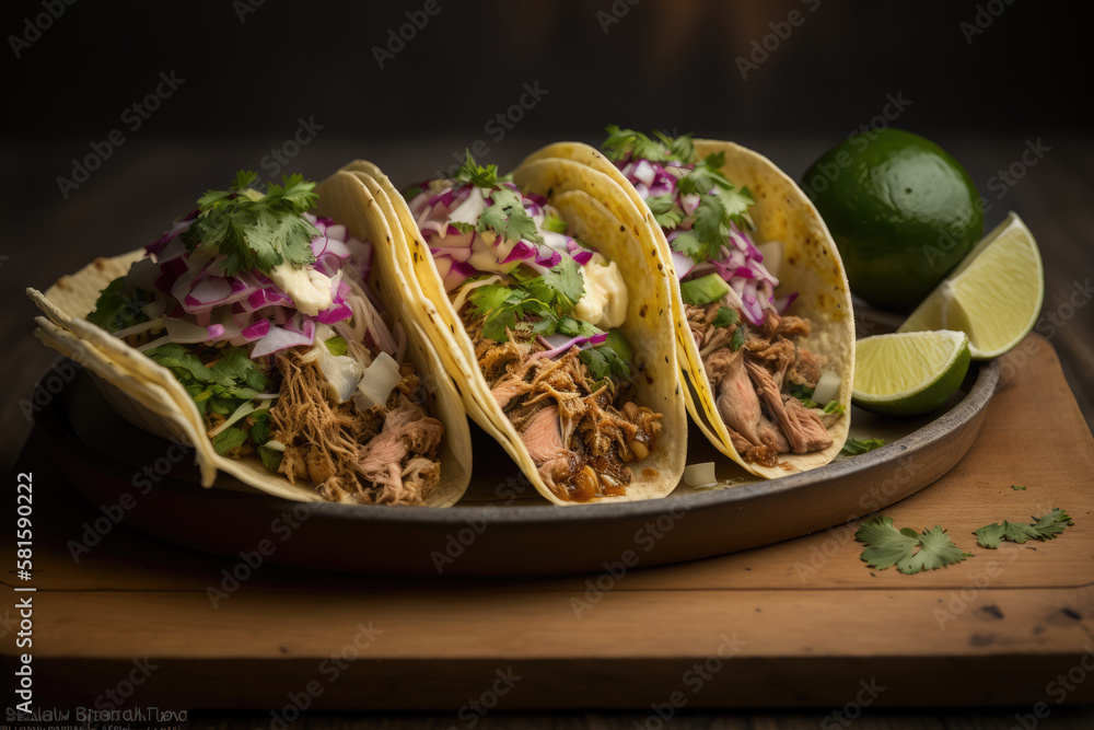 three pork carnitas street tacos in yellow corn tortilla. Illustration AI Generative