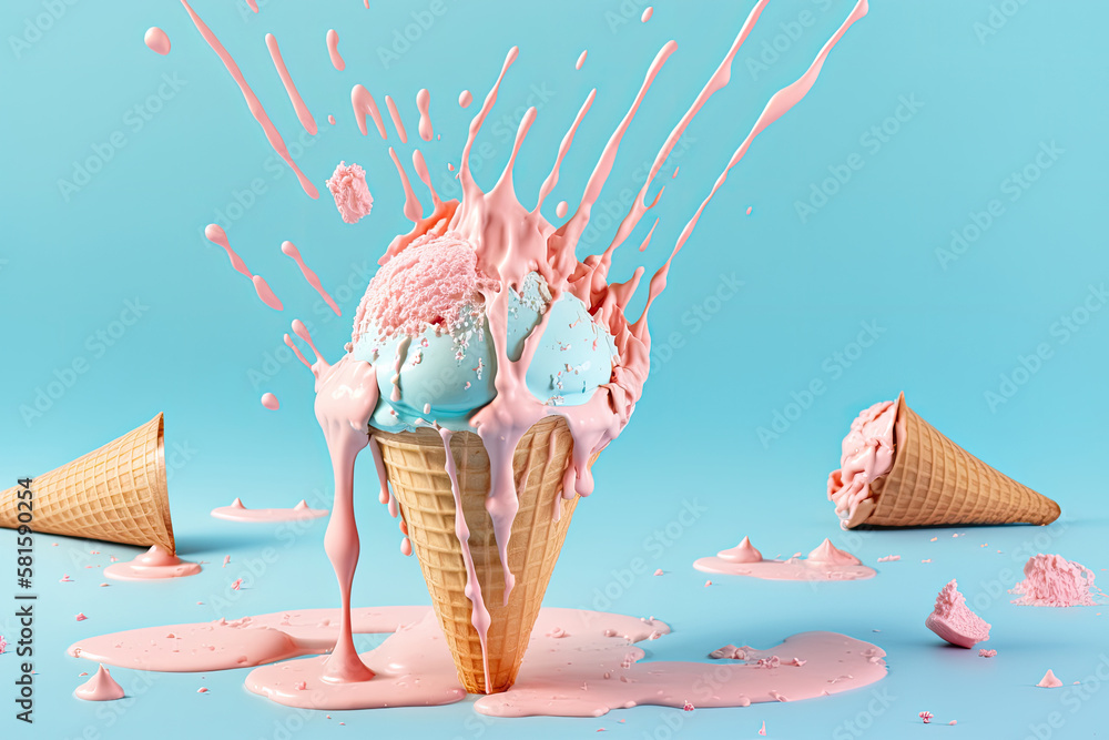 Pink ice cream melting and spilling from the waffle cone. Illustration AI Generative