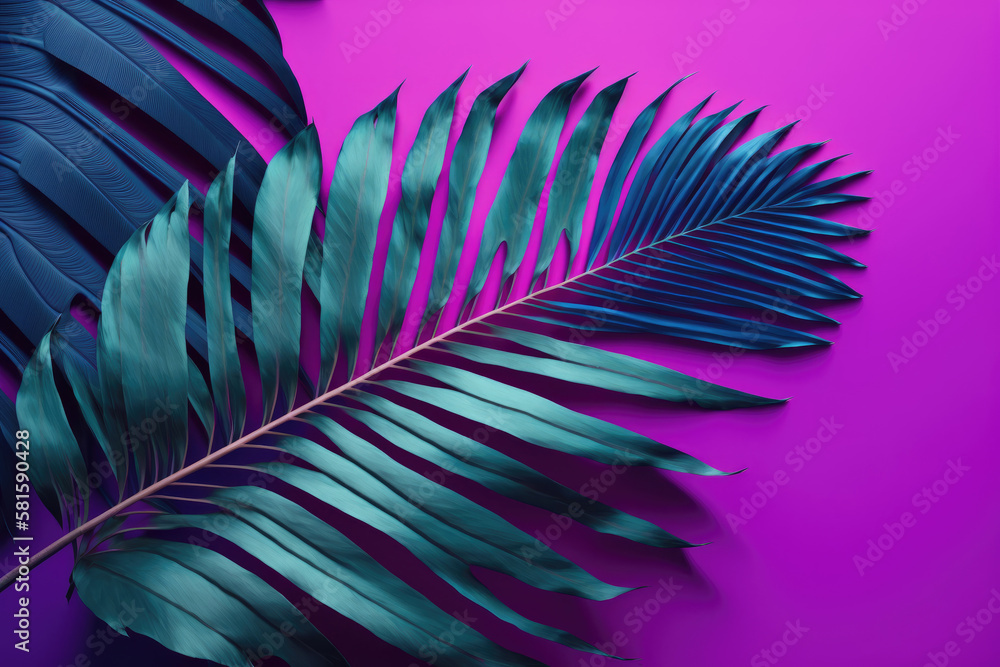 A large fresh palm leaf on a duotone purple-violet-blue. Illustration AI Generative