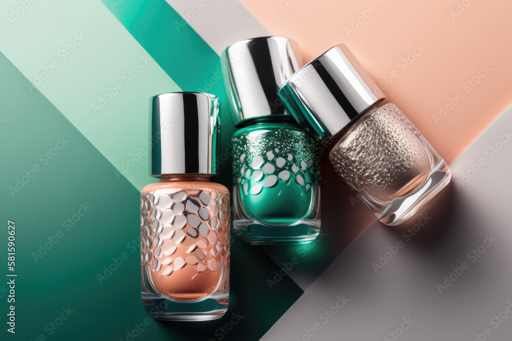 Trendy design template with nail polish glass bottles. Illustration AI Generative