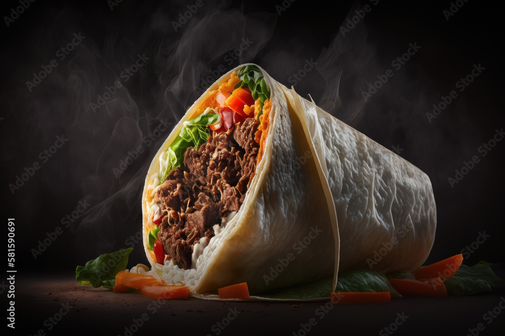 Burritos is wrapped in beef and vegetables against a black. Illustration AI Generative