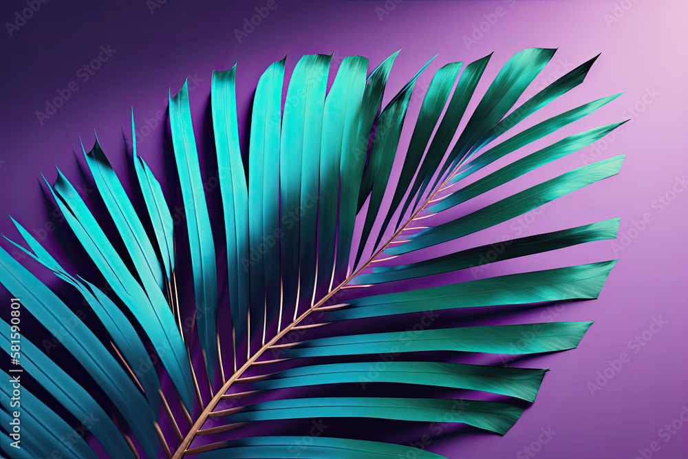 A large fresh palm leaf on a duotone purple-violet-blue. Illustration AI Generative