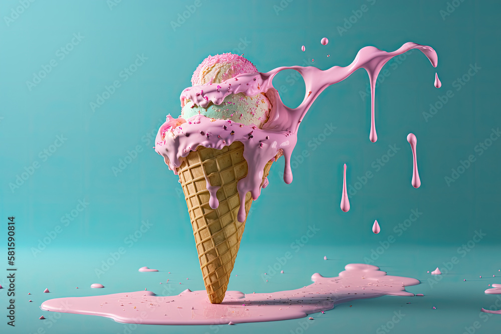 Pink ice cream melting and spilling from the waffle cone. Illustration AI Generative