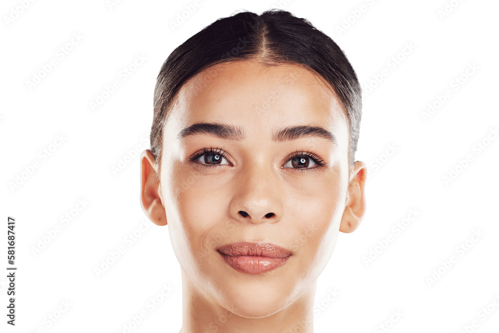 Face, skincare and portrait of focused woman with smooth skin, isolated on a png background. Glow, d