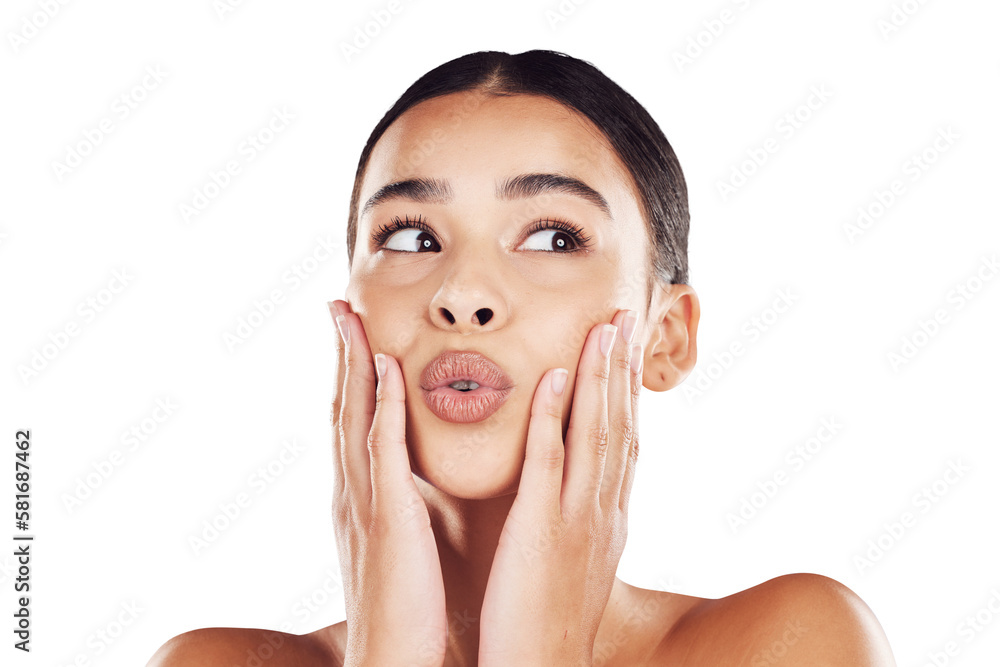 Skincare, pout and surprise of beauty woman for skincare idea isolated on a png background. Backdrop